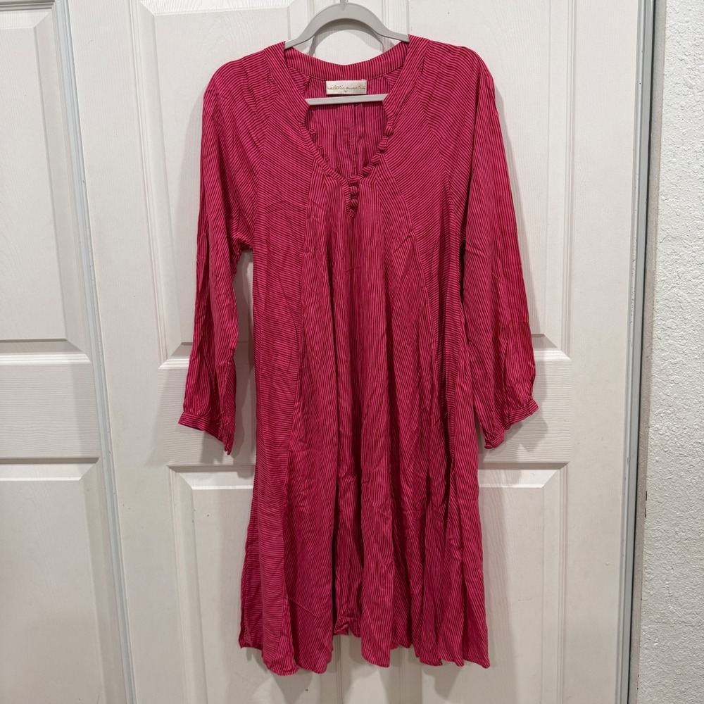 Natalie Martin Pink Red Striped Long Sleeve Split Neck Midi Dress Size Medium
